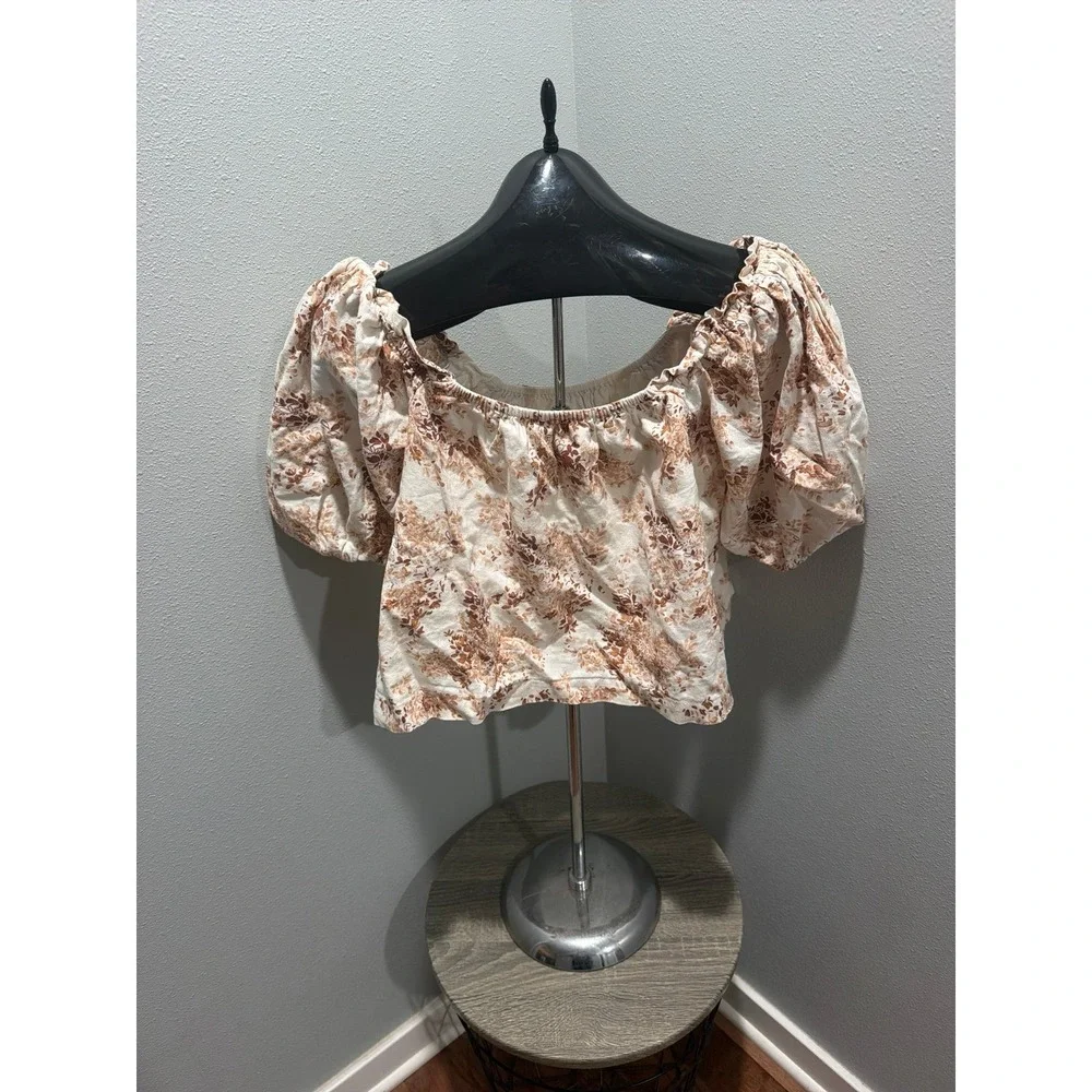Abercrombie & Fitch Brown Floral Square Neck Puff Sleeve Top Sz Med Boho
